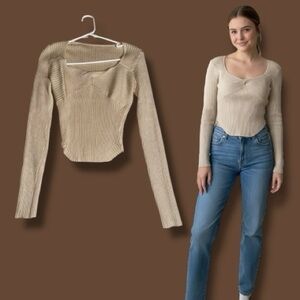 CHYRII NWT Sweater Beige Ribbed Knit Fitted Scoop Neck Long Sleeves Size XL